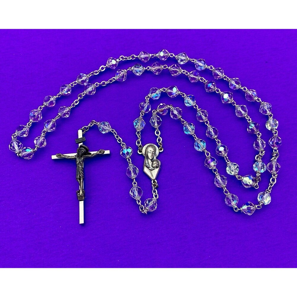 Vtg Aurora Borealis Crystal Faceted Glass Rosary ITALY, Virgin Mary Christianity